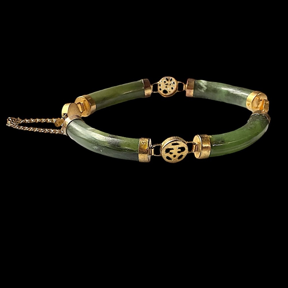 Vintage Chinese Spinach Jade Nephrite Gold Toned Good Luck Bangle Bracelet